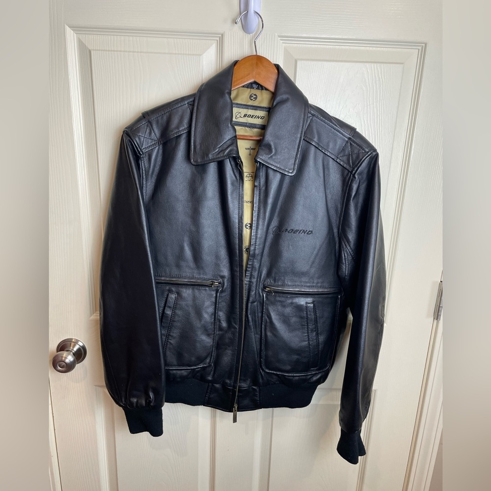 Boeing Men's Black Leather Bomber Jacket Medium